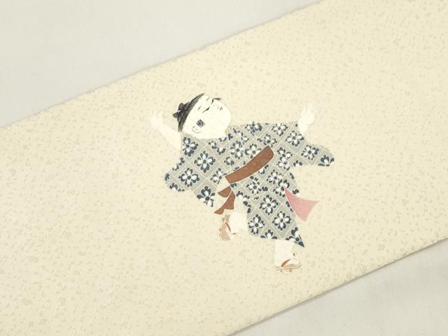 平和屋着物●九寸名古屋帯　童子遊び　銀通し地　正絹　逸品　CABJ9562dy