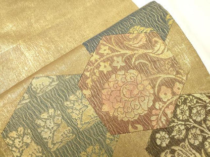 平和屋着物●太鼓柄袋帯　切嵌　名物裂更紗文　金糸　正絹　逸品　CABJ9575dy