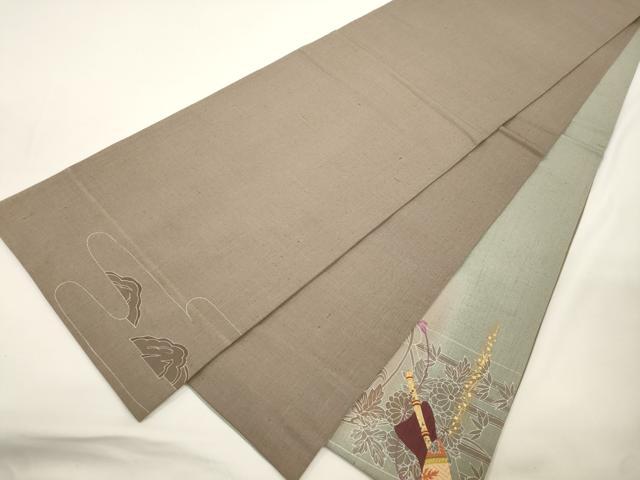 平和屋着物●太鼓柄袋帯　紬地　刺繍　切嵌　横笛　草花文　金彩　正絹　逸品　CABJ9583dy