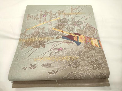 平和屋着物●太鼓柄袋帯　紬地　刺繍　切嵌　横笛　草花文　金彩　正絹　逸品　CABJ9583dy