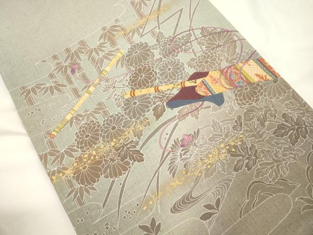 平和屋着物●太鼓柄袋帯　紬地　刺繍　切嵌　横笛　草花文　金彩　正絹　逸品　CABJ9583dy