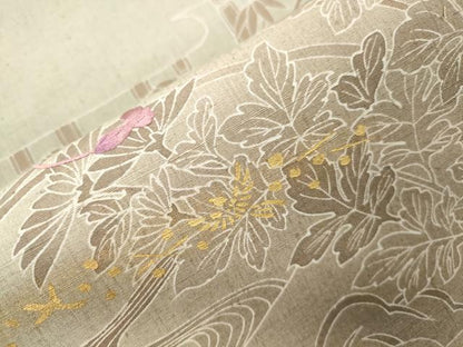 平和屋着物●太鼓柄袋帯　紬地　刺繍　切嵌　横笛　草花文　金彩　正絹　逸品　CABJ9583dy