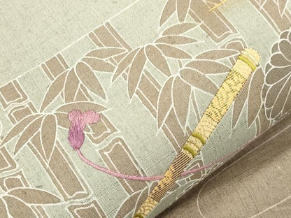 平和屋着物●太鼓柄袋帯　紬地　刺繍　切嵌　横笛　草花文　金彩　正絹　逸品　CABJ9583dy