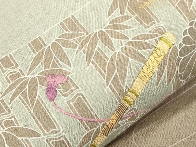 平和屋着物●太鼓柄袋帯　紬地　刺繍　切嵌　横笛　草花文　金彩　正絹　逸品　CABJ9583dy