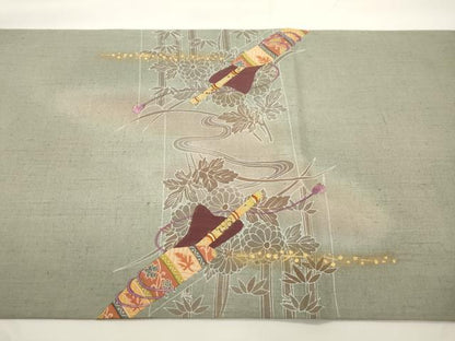 平和屋着物●太鼓柄袋帯　紬地　刺繍　切嵌　横笛　草花文　金彩　正絹　逸品　CABJ9583dy