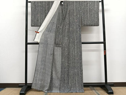 平和屋着物＊夏物　小紋　絽　枝花文　たたき染め　黒地　正絹　逸品　CABJ9605xi