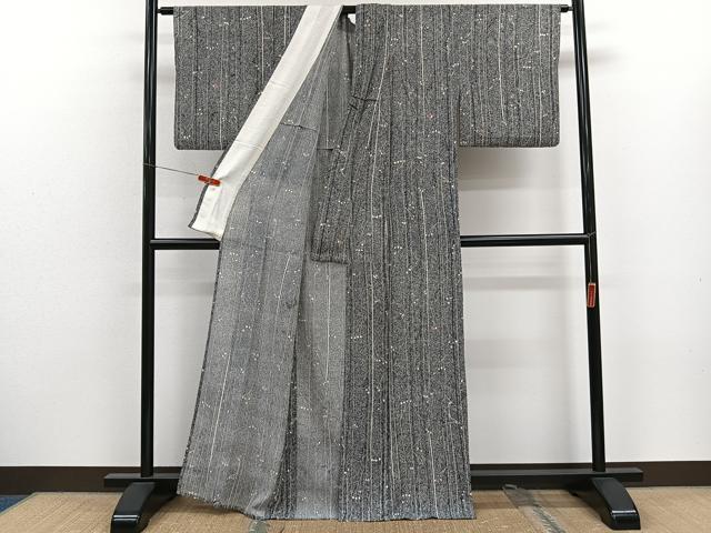 平和屋着物＊夏物　小紋　絽　枝花文　たたき染め　黒地　正絹　逸品　CABJ9605xi