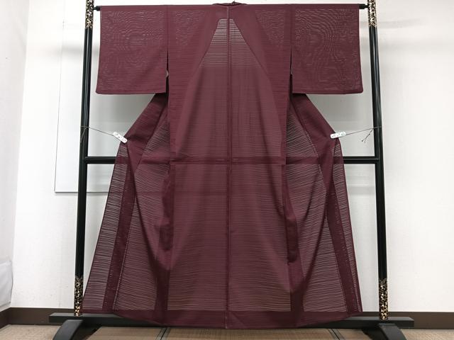 平和屋着物＊夏物　色無地　変わり絽　横縞紋紗　紫鳶色　洗える着物　CABJ9621xi