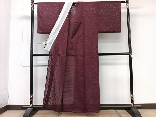 平和屋着物＊夏物　色無地　変わり絽　横縞紋紗　紫鳶色　洗える着物　CABJ9621xi