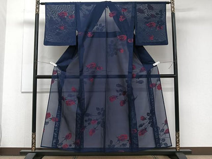 平和屋着物＊夏物　小紋　紗　ローズ　正絹　逸品　CABJ9656xi