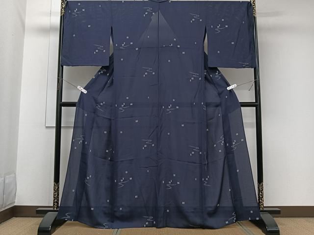 平和屋着物＊夏物　小紋　市松紋絽　流水幾何学文　正絹　逸品　CABJ9664xi