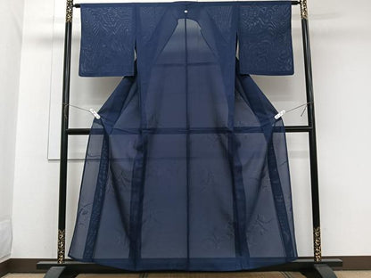 平和屋着物＊夏物　色無地　絽　草花紋紗　紺青色　正絹　逸品　CABJ9666xi