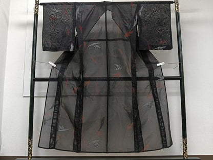 平和屋着物＊夏物　小紋　紗　枝草花文　黒地　銀糸　正絹　逸品　CABJ9689xi