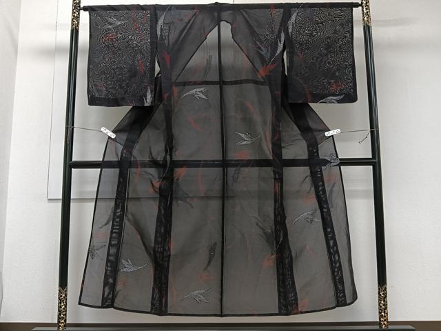 平和屋着物＊夏物　小紋　紗　枝草花文　黒地　銀糸　正絹　逸品　CABJ9689xi