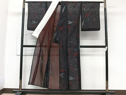 平和屋着物＊夏物　小紋　紗　枝草花文　黒地　銀糸　正絹　逸品　CABJ9689xi