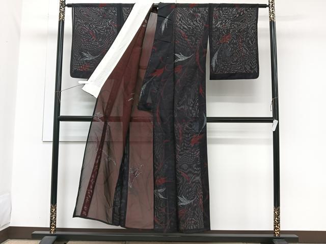 平和屋着物＊夏物　小紋　紗　枝草花文　黒地　銀糸　正絹　逸品　CABJ9689xi