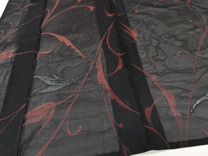 平和屋着物＊夏物　小紋　紗　枝草花文　黒地　銀糸　正絹　逸品　CABJ9689xi