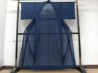 平和屋着物＊夏物　色無地　絽　流水楓紋紗　濃藍色　正絹　逸品　CABJ9692xi