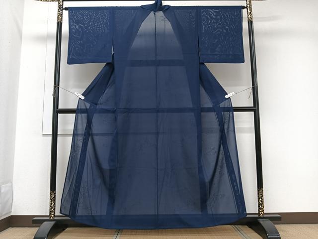 平和屋着物＊夏物　色無地　絽　流水楓紋紗　濃藍色　正絹　逸品　CABJ9692xi