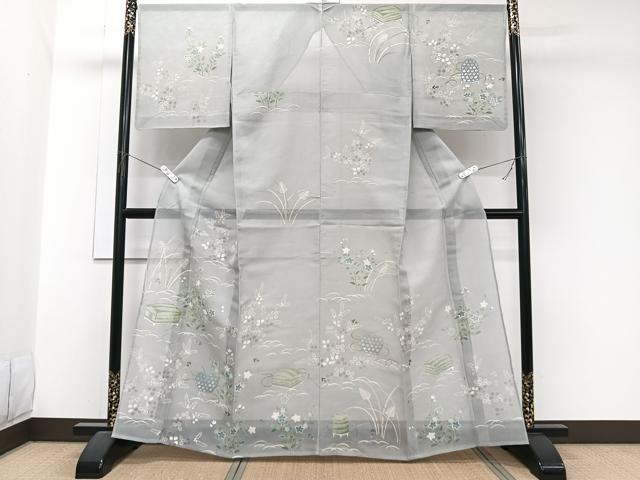 平和屋着物＊夏物　訪問着　文箱草花文　銀彩　正絹　逸品　CABJ9696xi