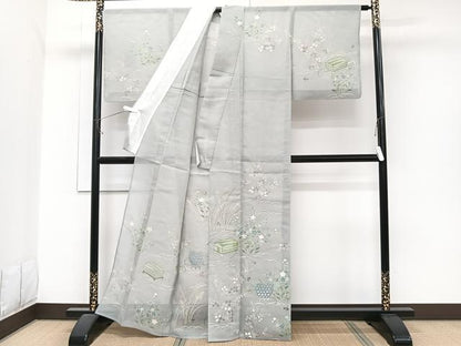 平和屋着物＊夏物　訪問着　文箱草花文　銀彩　正絹　逸品　CABJ9696xi