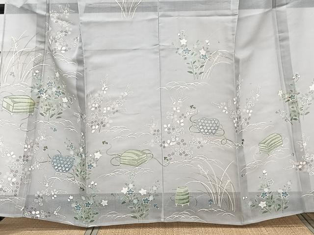 平和屋着物＊夏物　訪問着　文箱草花文　銀彩　正絹　逸品　CABJ9696xi