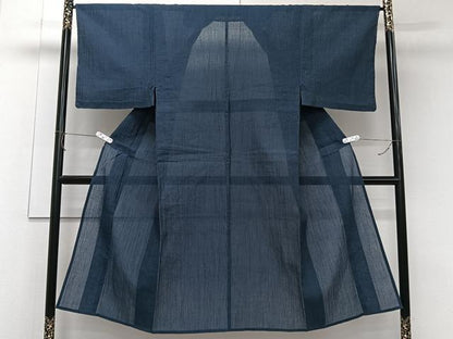 平和屋着物＊夏物　男性　本場小千谷縮　留紺色　麻　逸品　CABJ9703xi