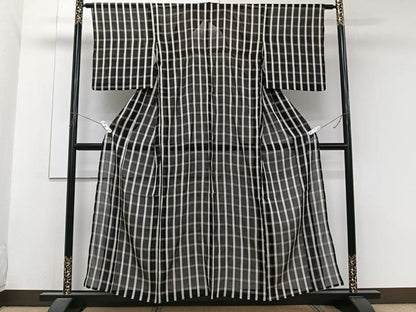 平和屋着物＊夏物　お召　紗　格子柄　黒地　正絹　逸品　CABJ9714xi