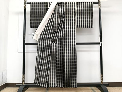 平和屋着物＊夏物　お召　紗　格子柄　黒地　正絹　逸品　CABJ9714xi