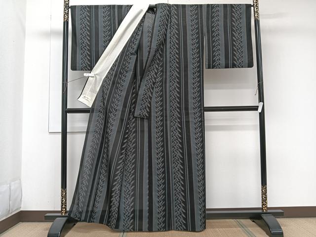 平和屋着物＊夏物　夏大島　間道枝葉文　やまと誂製　正絹　逸品　CABJ9724xi