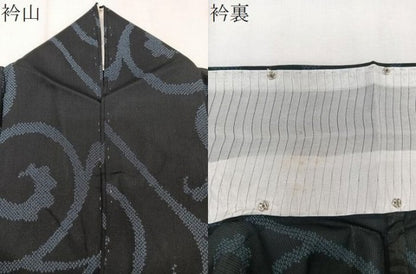 平和屋着物＊夏物　小紋　紗　唐草文　黒地　洗える着物　CABJ9742xi