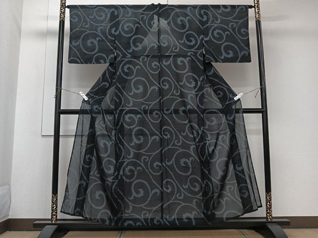 平和屋着物＊夏物　小紋　紗　唐草文　黒地　洗える着物　CABJ9742xi