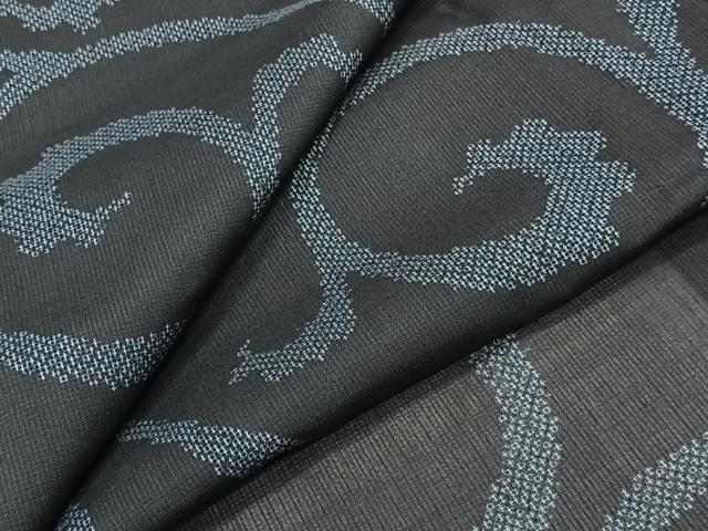 平和屋着物＊夏物　小紋　紗　唐草文　黒地　洗える着物　CABJ9742xi