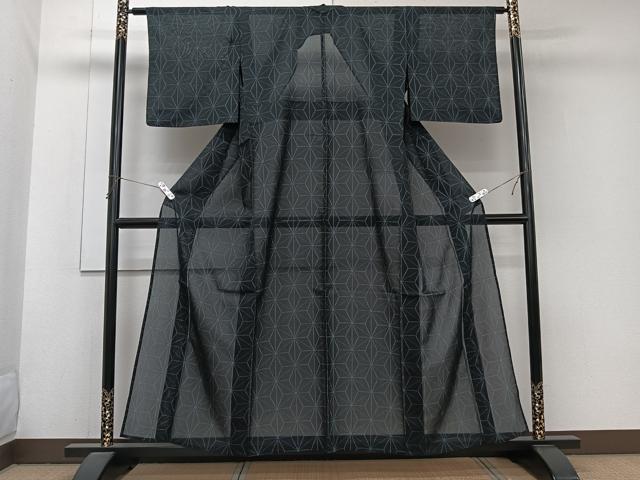 平和屋着物＊洗える最高級着物　＜英＞はなぶさ謹製　夏物　小紋　紗　麻の葉文　黒地　洗える着物　CABJ9743xi