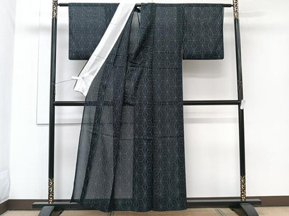 平和屋着物＊洗える最高級着物　＜英＞はなぶさ謹製　夏物　小紋　紗　麻の葉文　黒地　洗える着物　CABJ9743xi