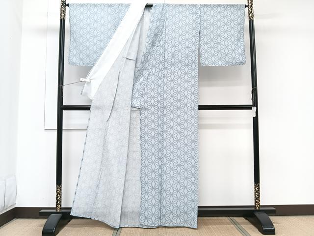 平和屋着物＊夏物　小紋　紗　麻の葉文　洗える着物　CABJ9744xi