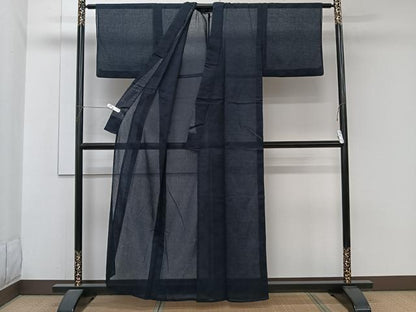 平和屋着物＊夏物　色無地　芝笹紋紗　青褐色　洗える着物　CABJ9752xi