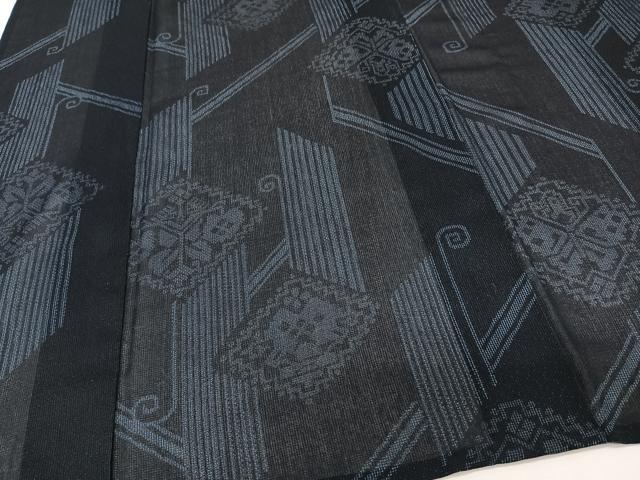 平和屋着物＊夏物　小紋　紗　菱吉祥文　黒地　洗える着物　CABJ9753xi