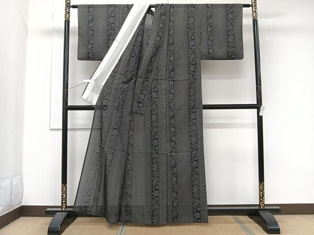 平和屋着物＊夏物　小紋　紗　間道更紗花文　黒地　洗える着物　CABJ9759xi