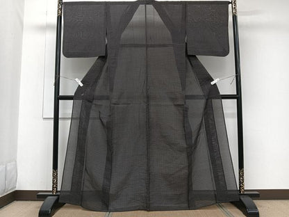 平和屋着物＊夏物　紗紬　格子柄　黒地　正絹　逸品　CABJ9768xi
