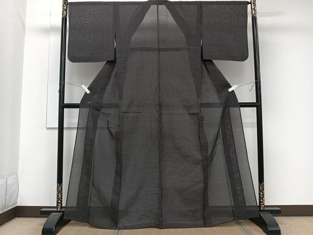 平和屋着物＊夏物　紗紬　格子柄　黒地　正絹　逸品　CABJ9768xi