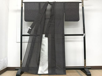 平和屋着物＊夏物　紗紬　格子柄　黒地　正絹　逸品　CABJ9768xi