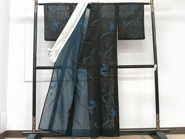 平和屋着物＊夏物　小紋　紗　草花文　黒地　CABJ9775xi
