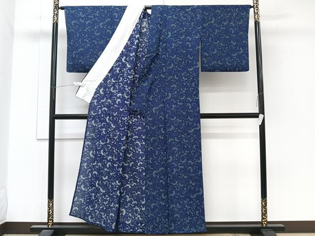 平和屋着物＊夏物　小紋　絽　藍　型染め　花蝶文　正絹　逸品　CABJ9782xi