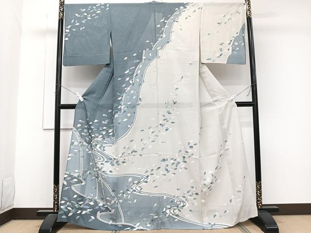 平和屋着物＊夏物　訪問着　絽　駒刺繍　流水舞葉文　銀彩　正絹　逸品　CABJ9786xi