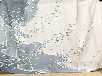 平和屋着物＊夏物　訪問着　絽　駒刺繍　流水舞葉文　銀彩　正絹　逸品　CABJ9786xi