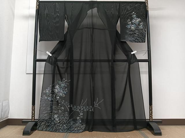 平和屋着物＊夏物　訪問着　絽　草花シルエット　黒地　金銀彩　正絹　逸品　CABJ9787xi