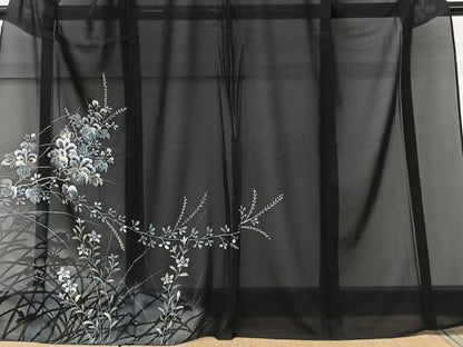 平和屋着物＊夏物　訪問着　絽　草花シルエット　黒地　金銀彩　正絹　逸品　CABJ9787xi