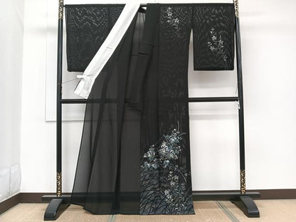 平和屋着物＊夏物　訪問着　絽　草花シルエット　黒地　金銀彩　正絹　逸品　CABJ9787xi