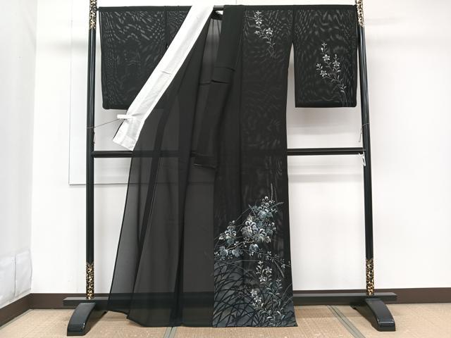 平和屋着物＊夏物　訪問着　絽　草花シルエット　黒地　金銀彩　正絹　逸品　CABJ9787xi